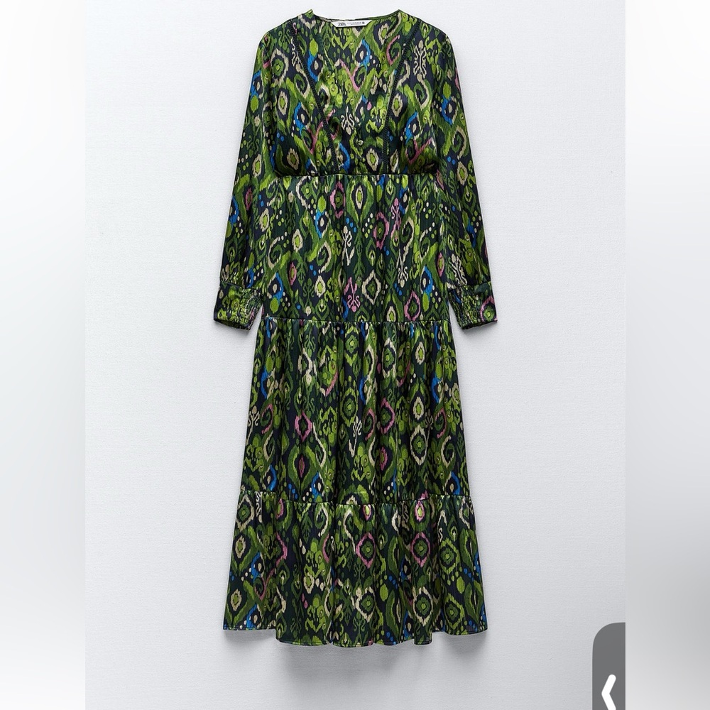 Zara Green and Blue Patterned Long Sleeve Dress